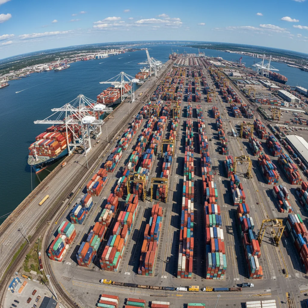 Port Newark Container Terminal yard with stacked containers and straddle carriers under Opsima EquipmentOS