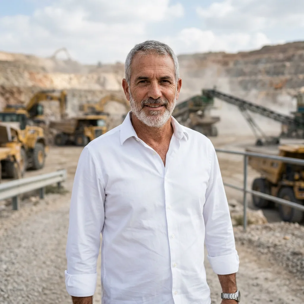 Open-pit mining operation with haul trucks and excavators working a quarry face