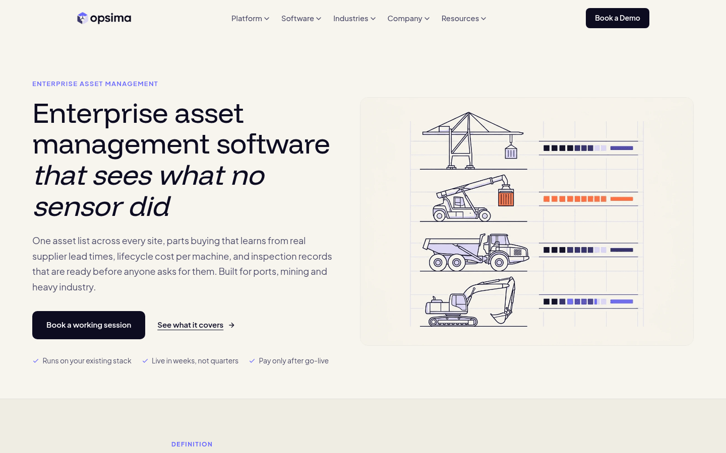 Opsima enterprise asset management software page, showing the multi-site asset register and lifecycle view