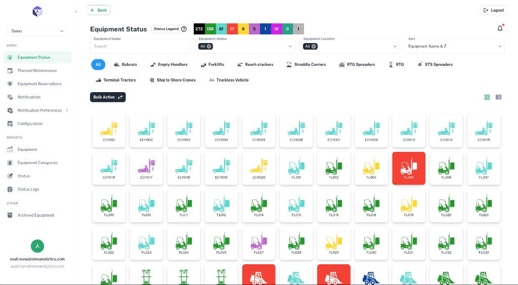 Opsima Live Operations status dashboard with real-time equipment availability, breakdown, and maintenance states across a fleet