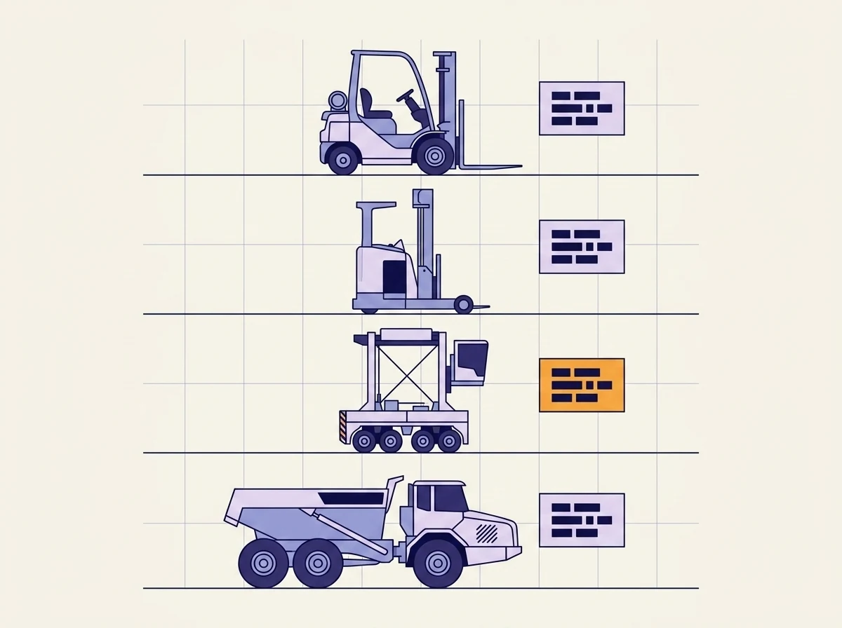 Illustrated maintenance board: a forklift, reach truck, straddle carrier and haul truck drawn as line art, each with a job card beside it showing rows of task blocks, one card marked in orange as overdue.