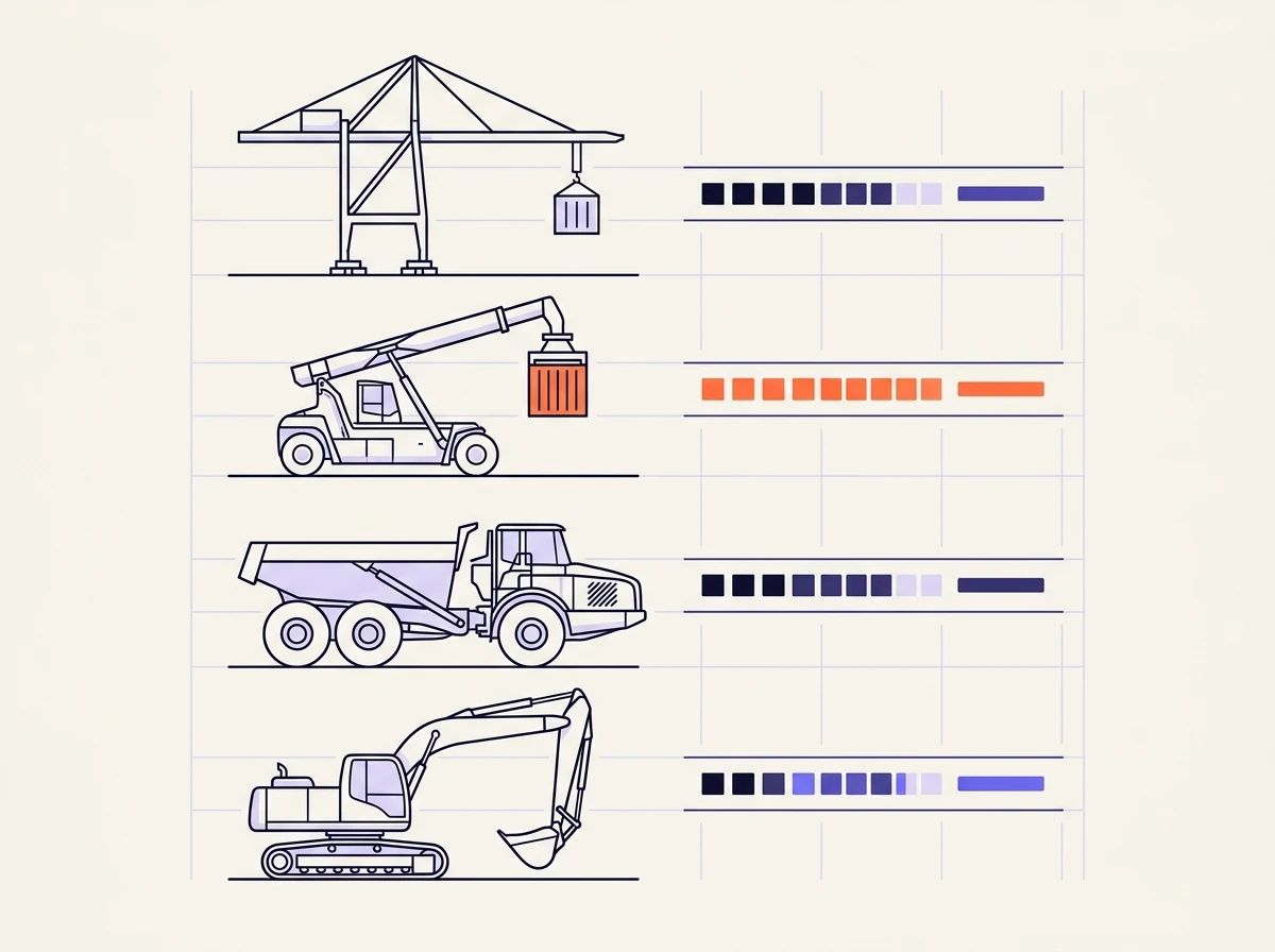 Illustrated asset register: a container crane, reach stacker, articulated haul truck and excavator drawn as line art, each with a condition and cost strip beside it, one strip highlighted in orange.