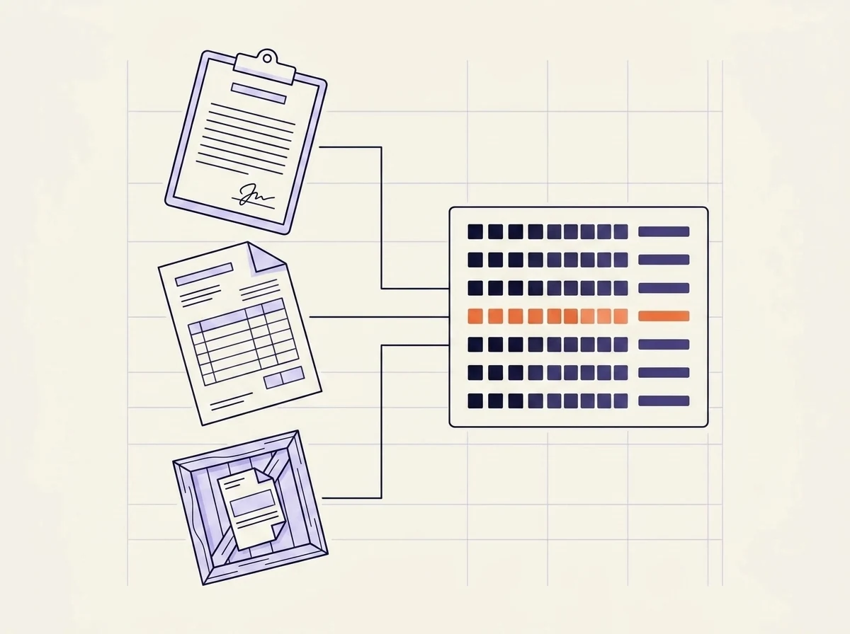 Illustrated document flow: a signed delivery note on a clipboard, a ruled manifest sheet and a crate carrying a shipping label, drawn as line art, each connected by a line into a single structured record panel whose rows of data fields include one highlighted in orange.