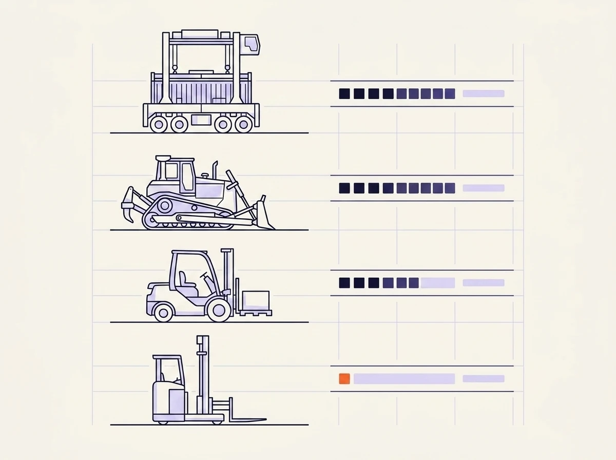 Illustrated mixed fleet: a straddle carrier, bulldozer, counterbalance forklift and narrow-aisle reach truck drawn as line art, each with a utilization bar beside it, the bars filling less down the page and the last one highlighted in orange.
