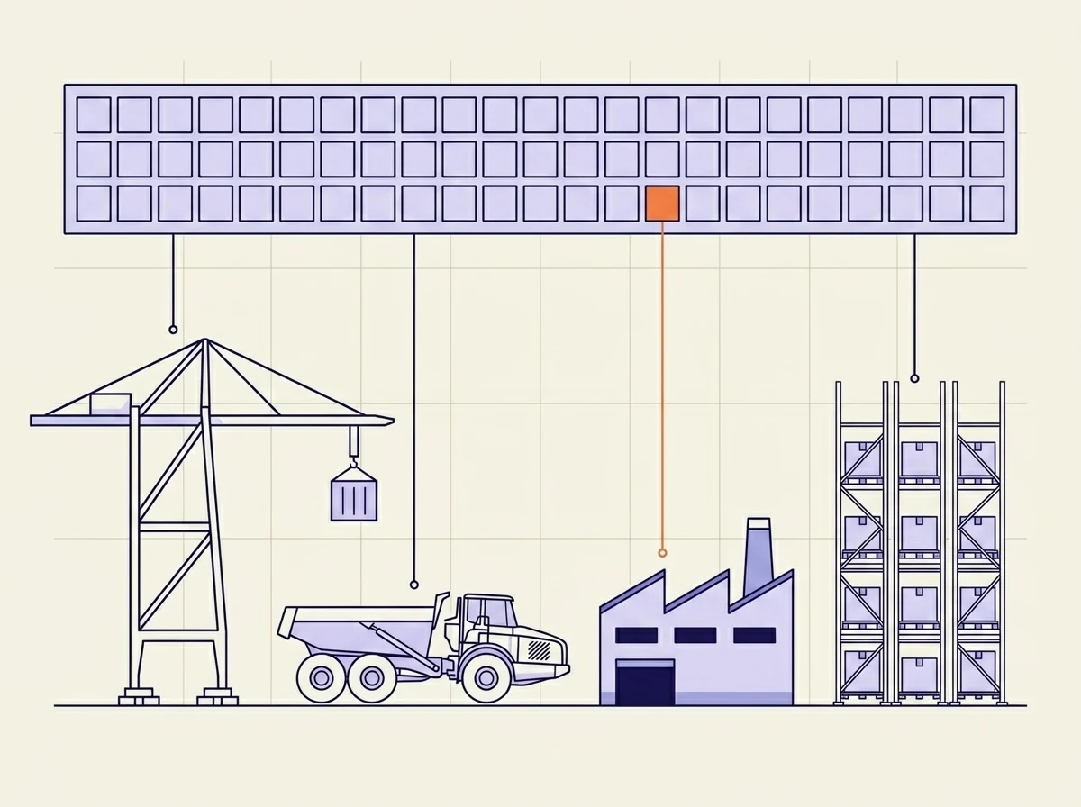A port crane, haul truck, plant and warehouse racking on one ground line, with a single record layer above them wired down to each.