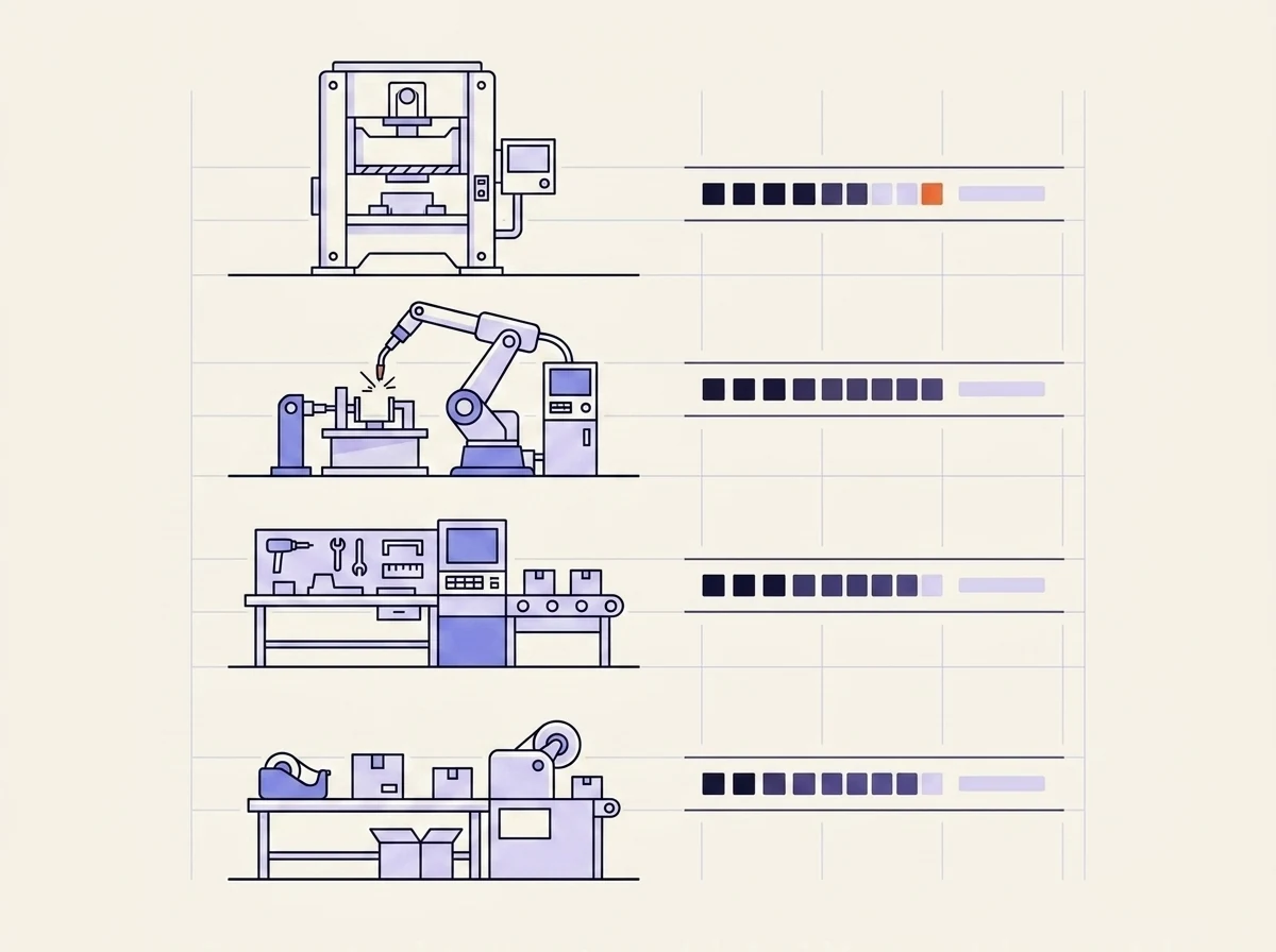 Illustrated production line drawn as line art: four workstations stacked as rows, a press, a robotic weld cell, an assembly bench and a packing station, each with a segmented progress strip beside it, one segment highlighted in orange to mark the station running behind.