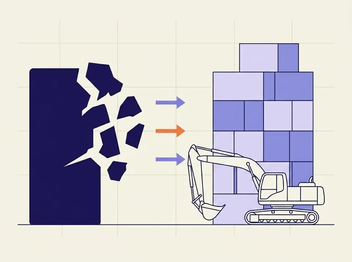 An old monolithic block breaking apart, replaced by a modular structure built around a machine.