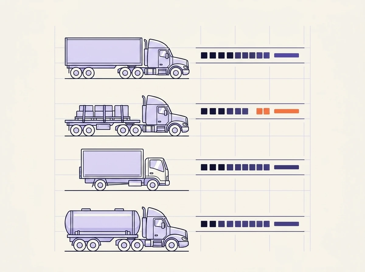 Illustrated road fleet: a dry-van tractor-trailer, flatbed, box truck and tanker drawn as line art, each with a delivery timeline beside it, one timeline highlighted in orange where the run ran late.