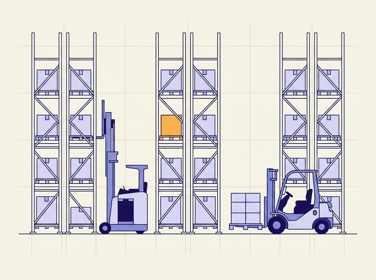Illustrated warehouse cross-section drawn as line art: three tall pallet racking bays holding boxed pallets, with a narrow-aisle reach truck and a counterbalance forklift carrying a pallet working the aisles between them, and one pallet position picked out in orange.